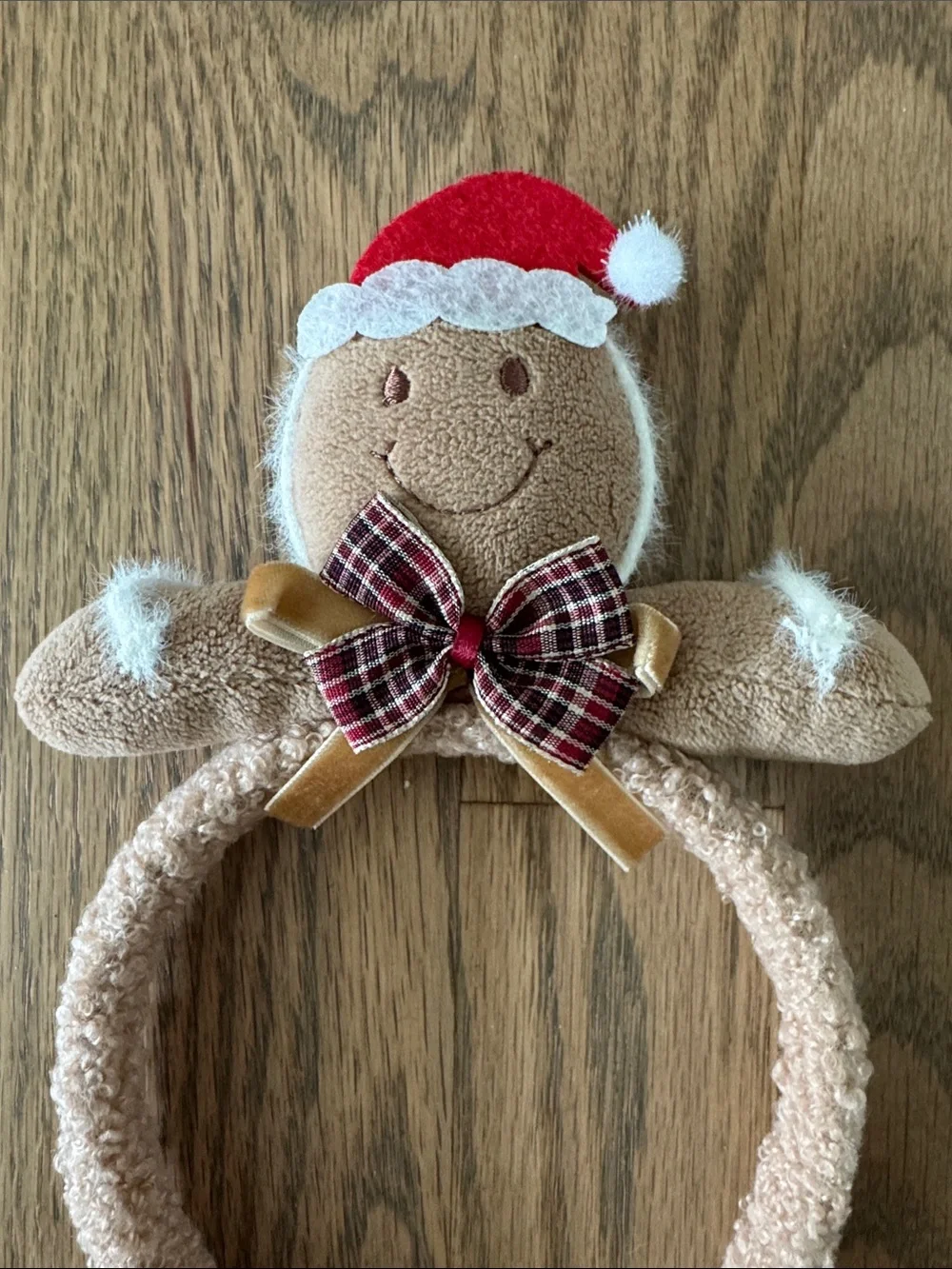 Plush Gingerbread Kids Headband in Beige and Red - Festive Holiday Bow